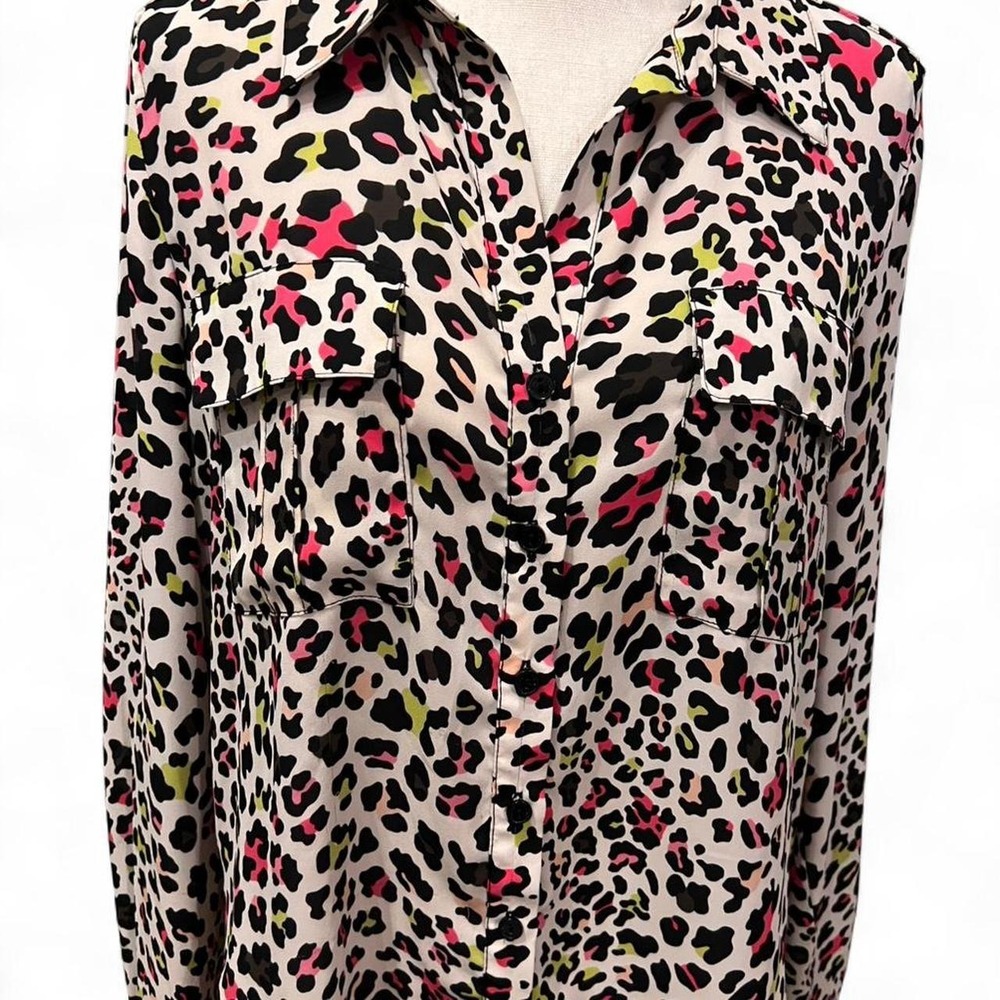 Funky Animal Print Button-Up Blouse Women's 8 Lightweight Officecore Art Teacher